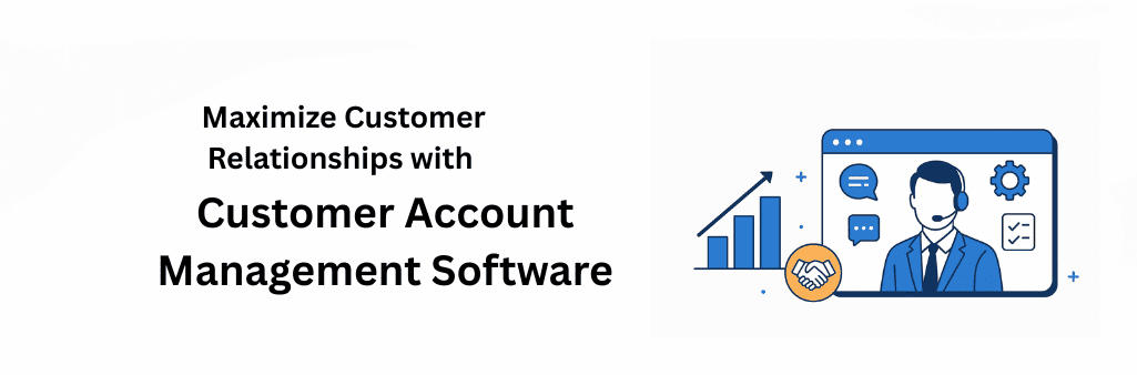 Illustration of a business professional with a headset on a digital interface, representing customer support, alongside icons for communication, analytics, and partnership, promoting Customer Account Management Software