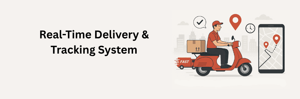 It features a courier on a red scooter with a delivery box, a mobile phone showing a live map with location pins