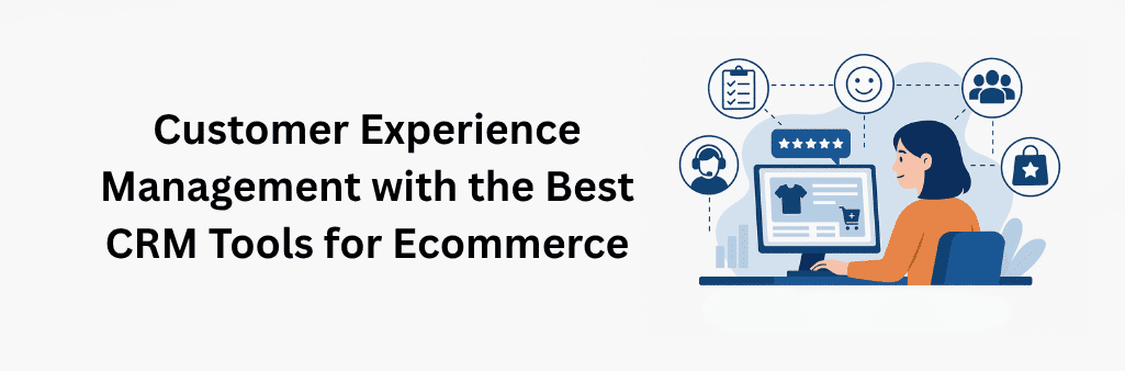 Woman managing customer experience on computer using CRM tools, surrounded by icons for support, feedback, shopping, and team collaboration.