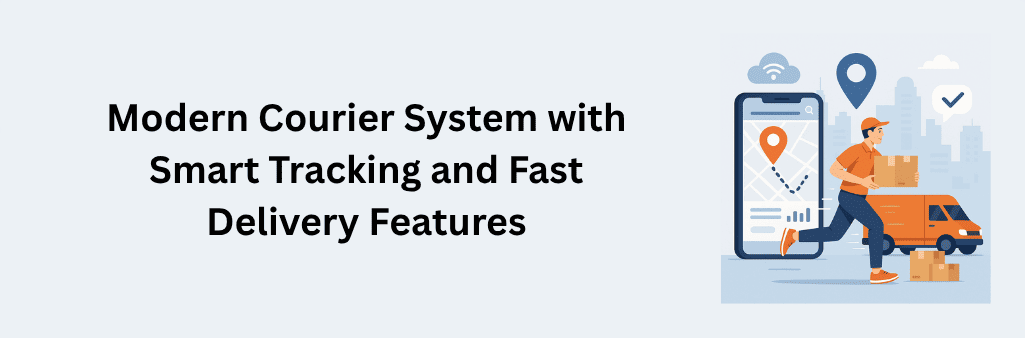 Courier system delivery man running with package in front of van and smartphone showing live tracking map