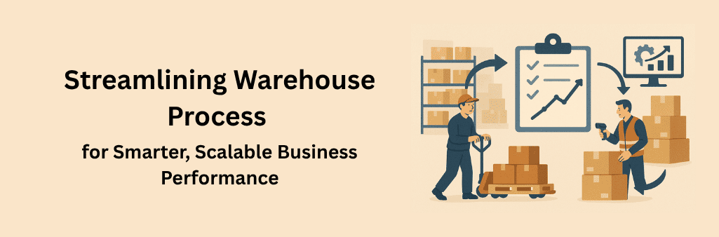 A flat-style illustration of a streamlined warehouse process divided into stages: a worker pushing a pallet jack of boxes on the left, a central clipboard with checkmarks and an upward graph, then a worker scanning boxes on the right, topped by a monitor showing analytics and a cloud icon, all connected by arrows to emphasize smarter, scalable business performance