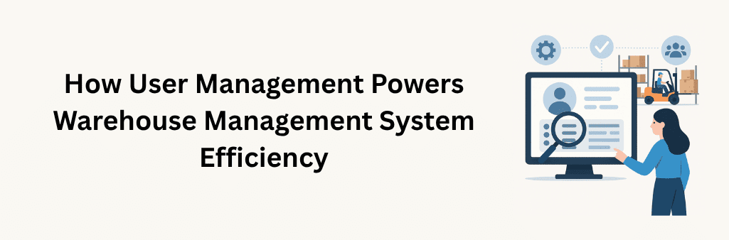 A woman interacts with a digital screen showing user profiles, while a forklift operates in a warehouse background with icons representing settings, users, and system checks