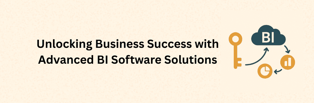 Golden key unlocking BI software cloud with connected bar chart, pie chart, and magnifying glass icons.