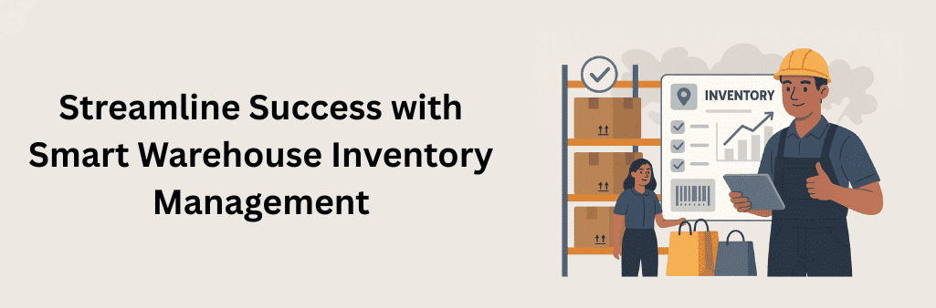 Warehouse worker with helmet holding tablet and giving thumbs up near inventory dashboard, shelves with boxes, and a female staff member, representing efficient warehouse inventory management.