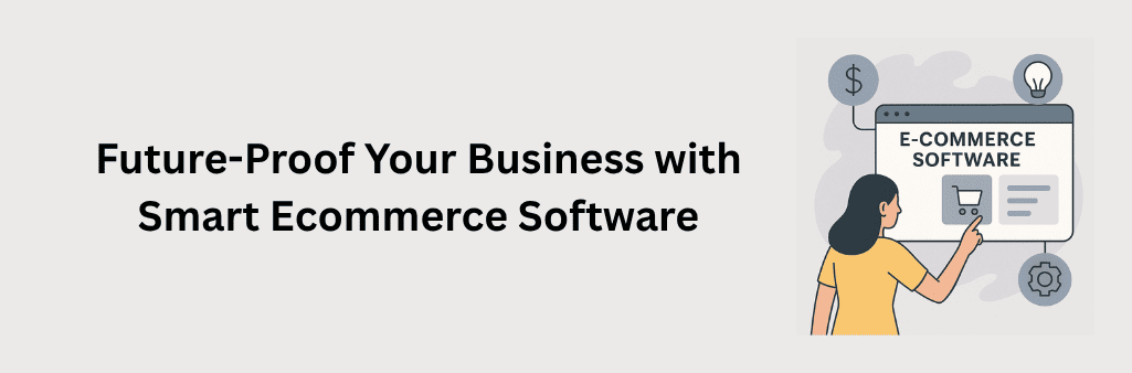 A woman points to a shopping cart icon on an e-commerce software interface, surrounded by icons of a dollar sign, lightbulb, and gear